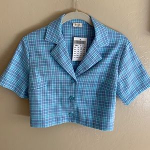 Brandy Melville Blue Plaid Cropped Button-Up Top
